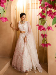 Cream Net Fabric Sequins embroidery Semi-Stitched Lehenga & Unstitched Blouse With Dupatta