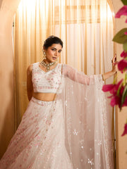 Cream Net Fabric Sequins embroidery Semi-Stitched Lehenga & Unstitched Blouse With Dupatta