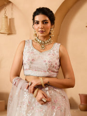 Cream Net Fabric Sequins embroidery Semi-Stitched Lehenga & Unstitched Blouse With Dupatta