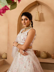 Cream Net Fabric Sequins embroidery Semi-Stitched Lehenga & Unstitched Blouse With Dupatta