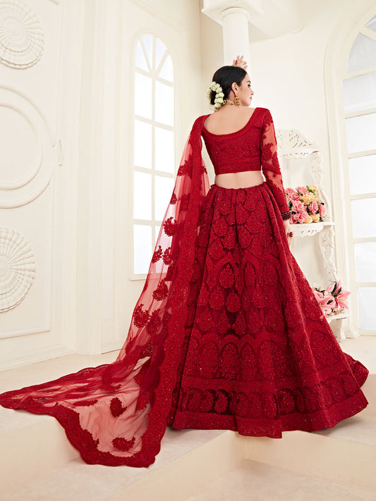 Bridal Heritage Deep Red Heavy Embroidered Net Bridal Lehenga
