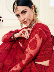 Bridal Heritage Deep Red Heavy Embroidered Net Bridal Lehenga