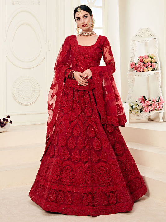 Bridal Heritage Deep Red Heavy Embroidered Net Bridal Lehenga