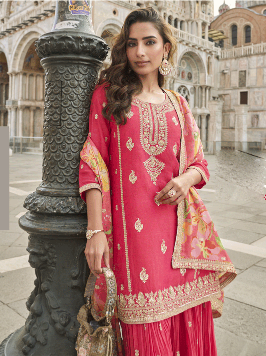 Pink Shimmer Silk Printed With Zari Embroidered Sequins Pakistani Palazzo Suit Festive Wear