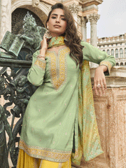 Sea Green Shimmer Silk Zari Embroidered Sequins Pakistani Palazzo Suit Festive Wear