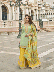 Sea Green Shimmer Silk Zari Embroidered Sequins Pakistani Palazzo Suit Festive Wear