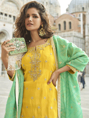 Yellow Shimmer Silk Zari Embroidered Sequins Pakistani Palazzo Suit Festive Wear