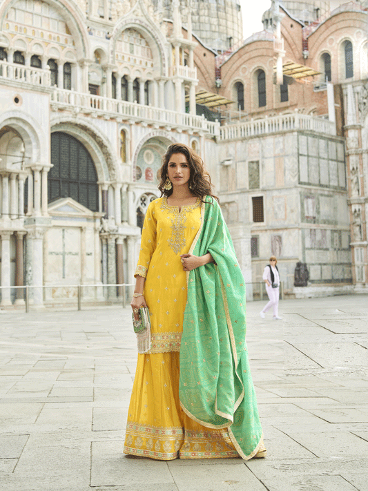 Yellow Shimmer Silk Zari Embroidered Sequins Pakistani Palazzo Suit Festive Wear