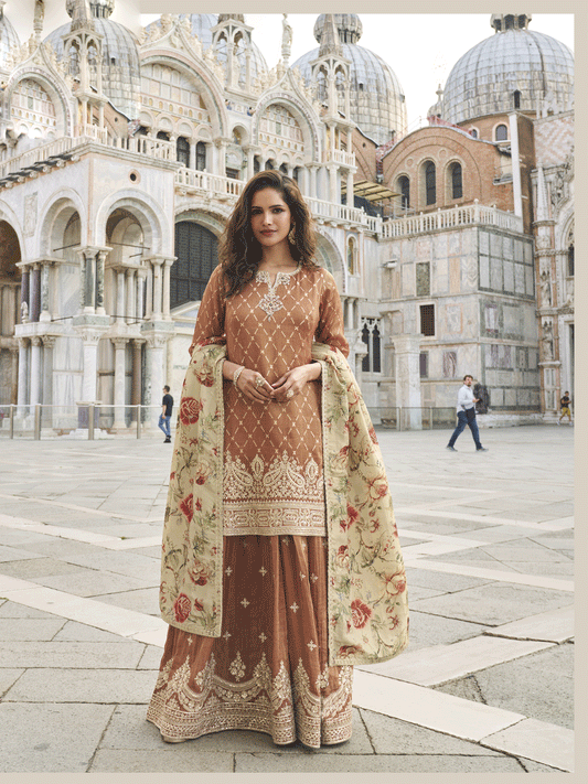 Brown Shimmer Silk Printed With Zari Embroidered Sequins Pakistani Palazzo Suit Festive Wear