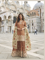 Brown Shimmer Silk Printed With Zari Embroidered Sequins Pakistani Palazzo Suit Festive Wear