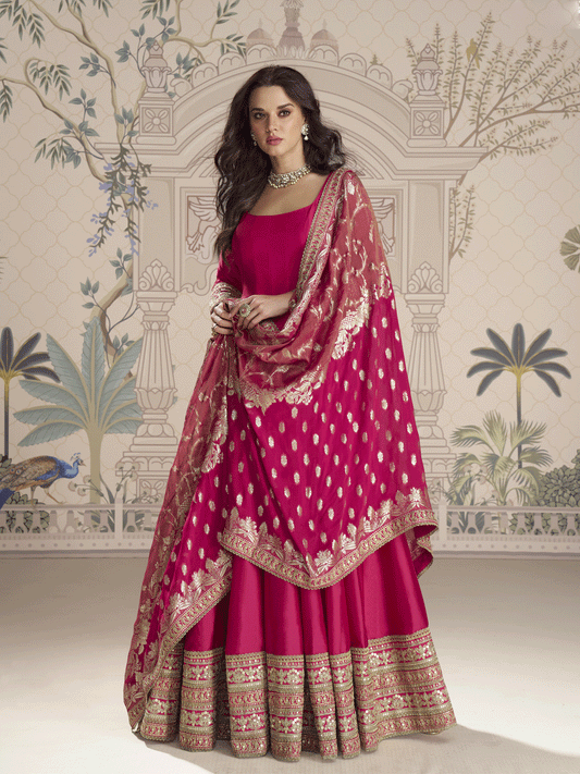 Rani Pink Silk Anarkali Gown with Heavy Jacquard Dupatta