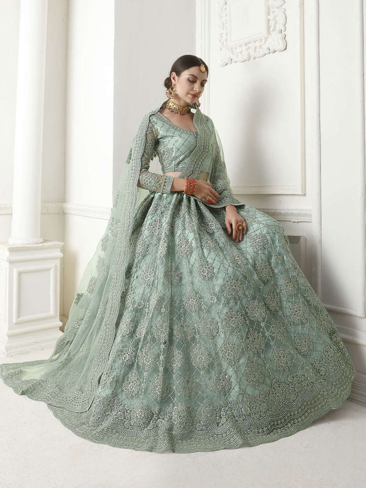 Heritage Greyish Green Heavy Embroidered Net Designer Lehenga