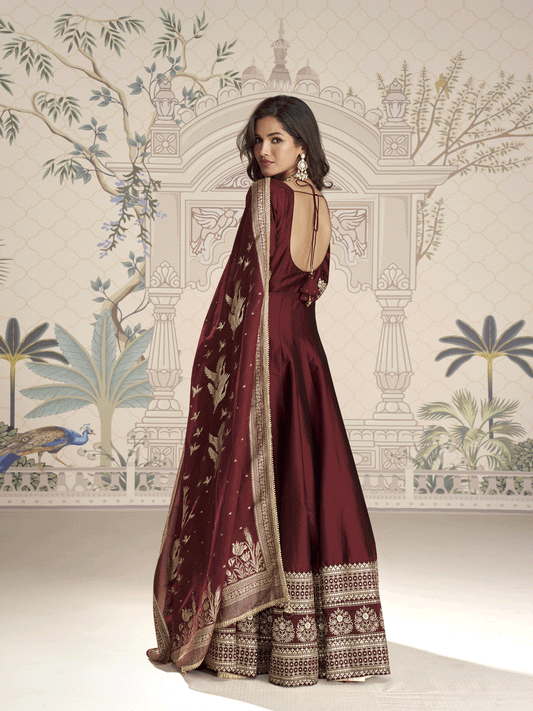 Maroon Silk Anarkali Gown with Embroidered Border
