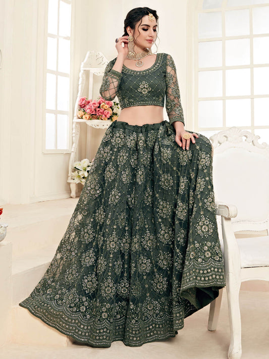 Heritage Mehendi Color Heavy Embroidered Designer Net Lehenga