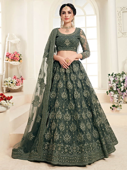 Heritage Mehendi Color Heavy Embroidered Designer Net Lehenga