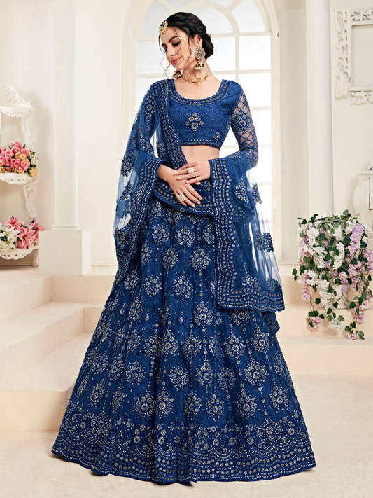 Heritage Royal Blue Designer Heavy Embroidered Net Lehenga