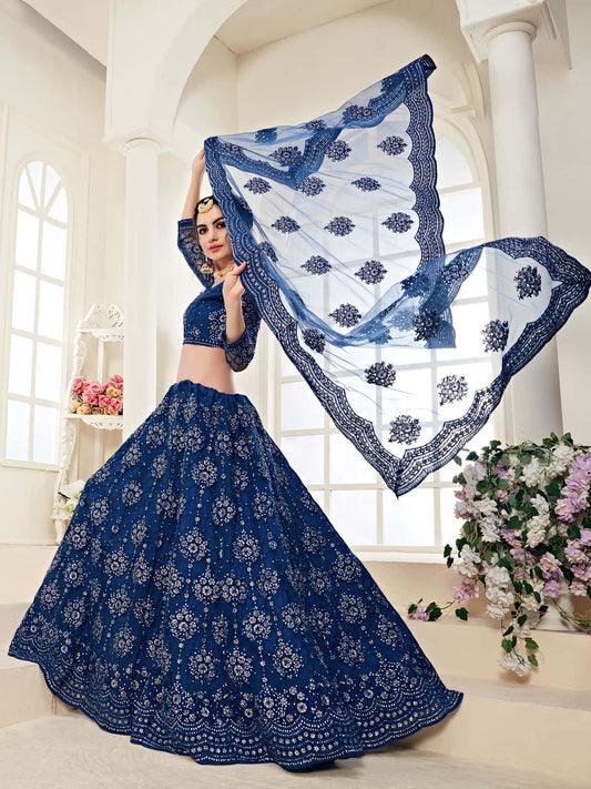 Heritage Royal Blue Designer Heavy Embroidered Net Lehenga