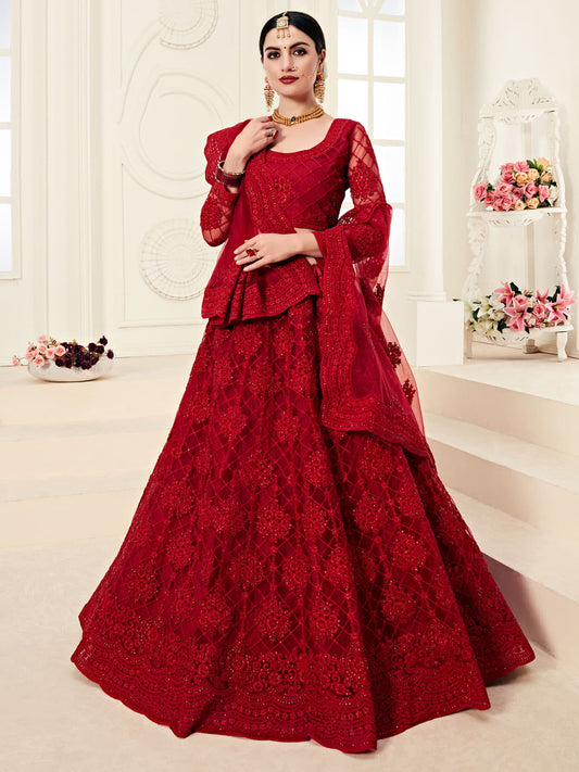 Bridal Heritage Red Heavy Embroidered Net Bridal Lehenga