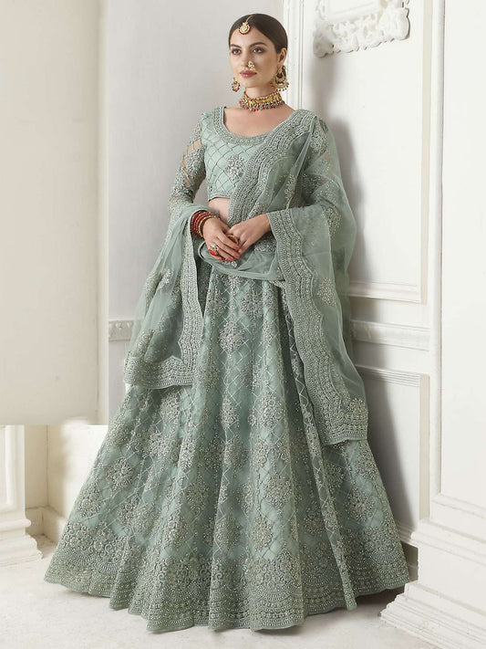 Heritage Greyish Green Heavy Embroidered Net Designer Lehenga