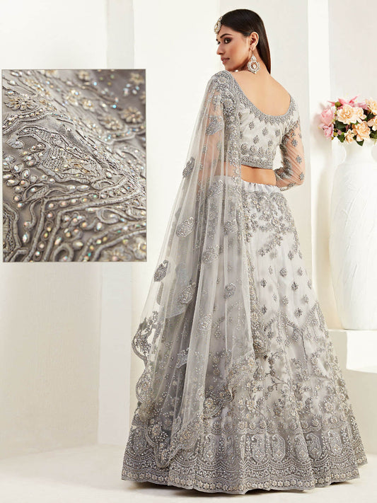 Bridal Heritage Beautiful Net Heavy Embroidered Lehenga In Grey