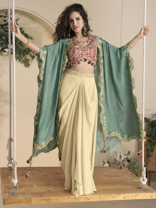 Pink Beige Sharara Set with Embroidered Blouse & Printed Shrug