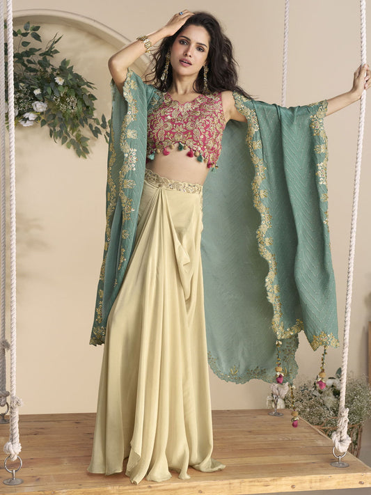 Pink Beige Sharara Set with Embroidered Blouse & Printed Shrug