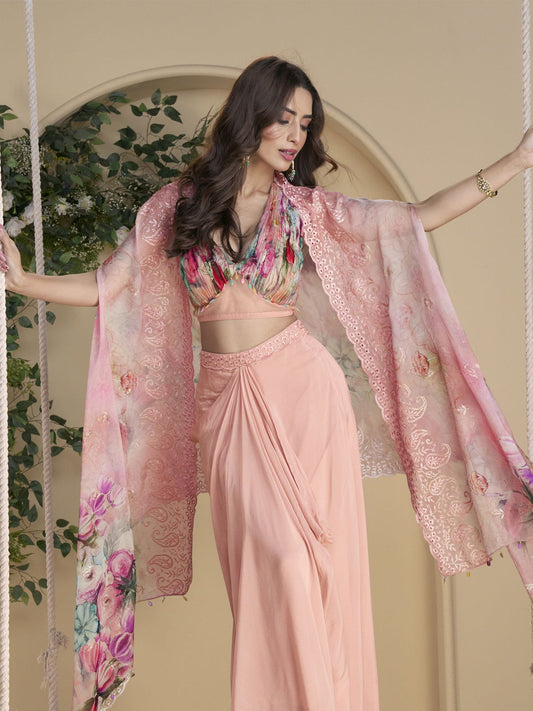 Blush Pink Cape Style Chinon Sharara Set with Floral Cape