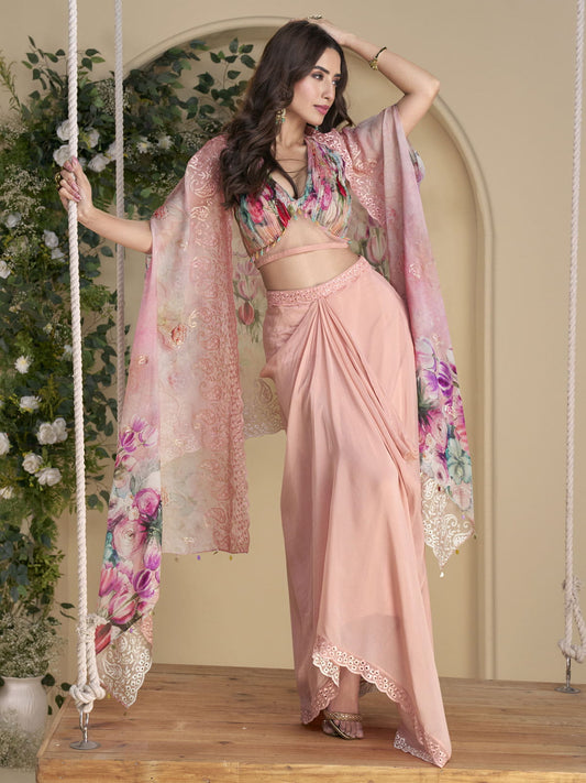 Blush Pink Cape Style Chinon Sharara Set with Floral Cape