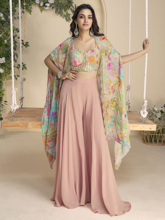 Pastel Pink Cape Style Sharara Set with Embellished Blouse and Designer Shrug