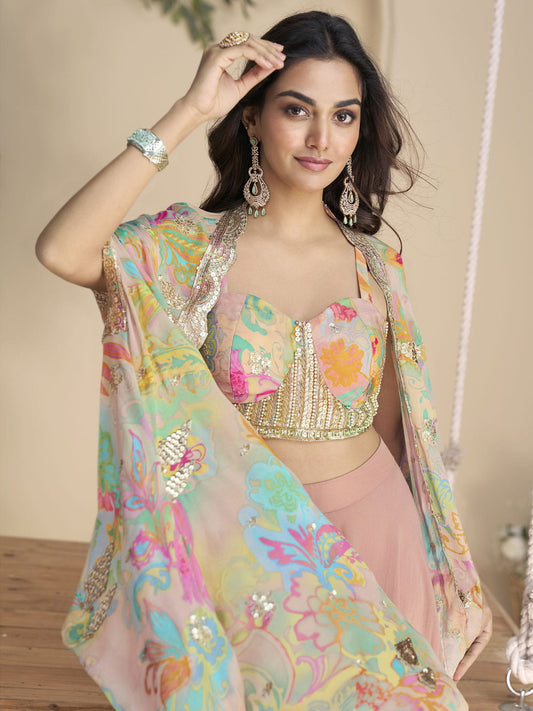 Pastel Pink Cape Style Sharara Set with Embellished Blouse and Designer Shrug