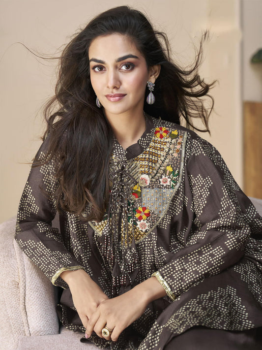 Dark Brown Embroidery Poncho Style Palazzo Suit
