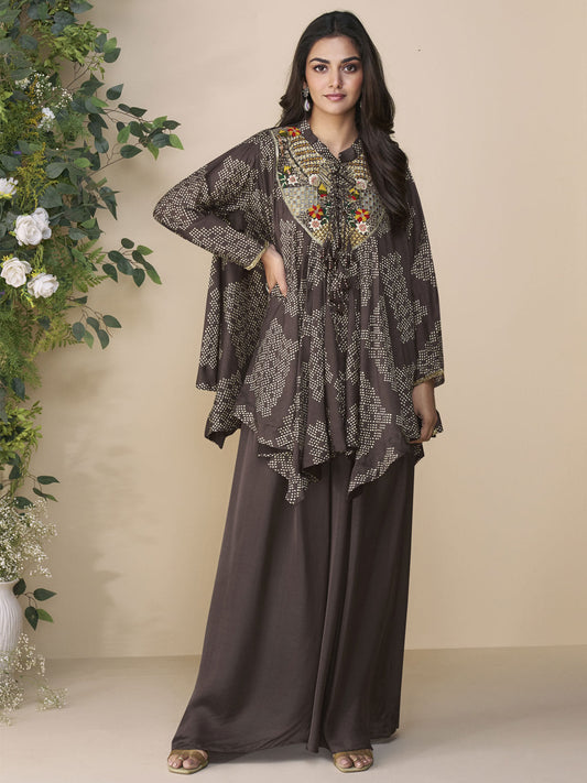 Dark Brown Embroidery Poncho Style Palazzo Suit