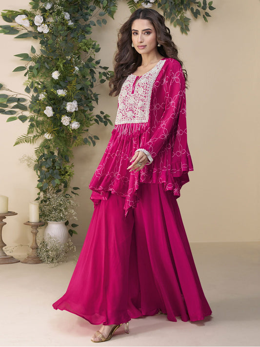 Rani Pink Embroidery Poncho Style Palazzo Suit