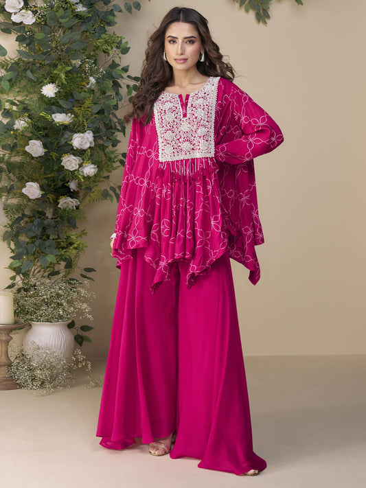 Rani Pink Embroidery Poncho Style Palazzo Suit