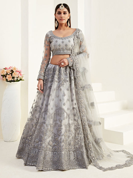 Bridal Heritage Beautiful Net Heavy Embroidered Lehenga In Grey