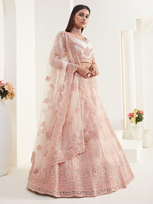 Bridal Heritage Heavy Embroidered Peach Net Lehenga Choli