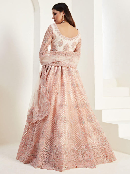 Bridal Heritage Heavy Embroidered Peach Net Lehenga Choli