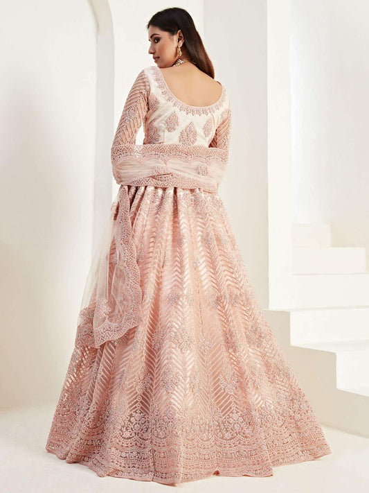 Bridal Heritage Heavy Embroidered Peach Net Lehenga Choli