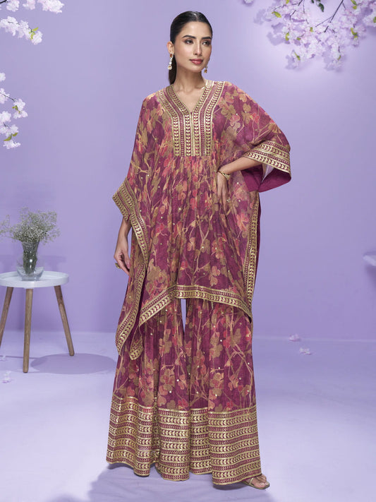 Digital Printed Wine Georgette Kaftan Style Gharara Suit