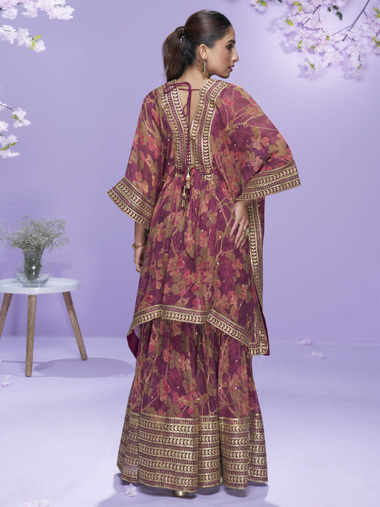 Digital Printed Wine Georgette Kaftan Style Gharara Suit