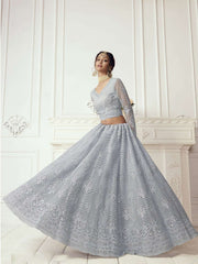 Bridal Heritage Heavy Embroidered Ice Grey Net Lehenga Choli