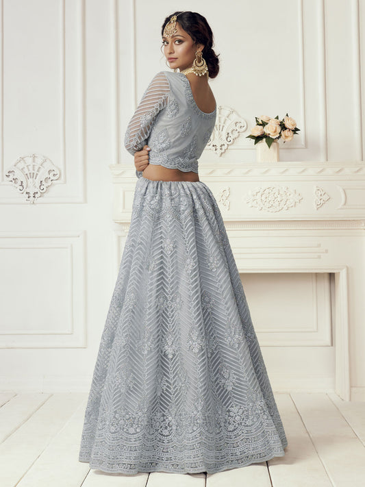 Bridal Heritage Heavy Embroidered Ice Grey Net Lehenga Choli