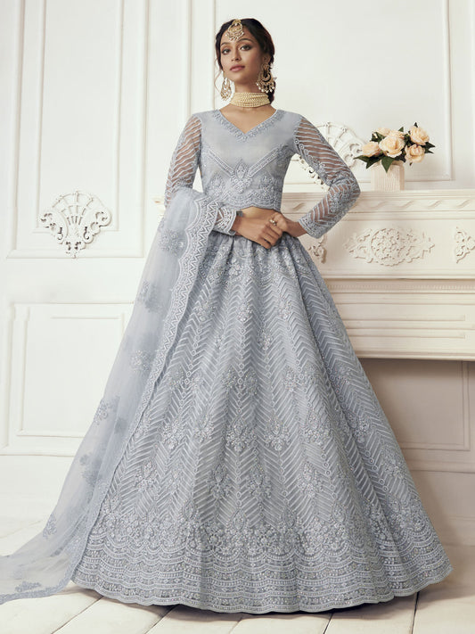 Bridal Heritage Heavy Embroidered Ice Grey Net Lehenga Choli