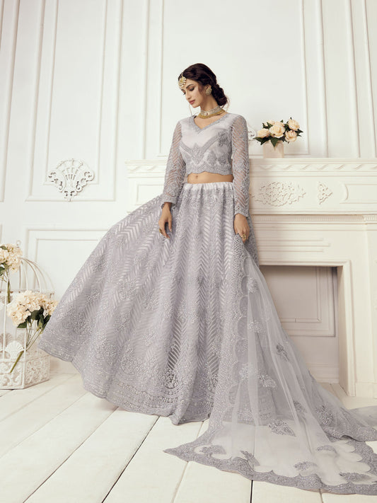 Bridal Heritage Heavy Embroidered Light Lavender Net Lehenga Choli
