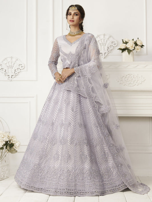 Bridal Heritage Heavy Embroidered Light Lavender Net Lehenga Choli