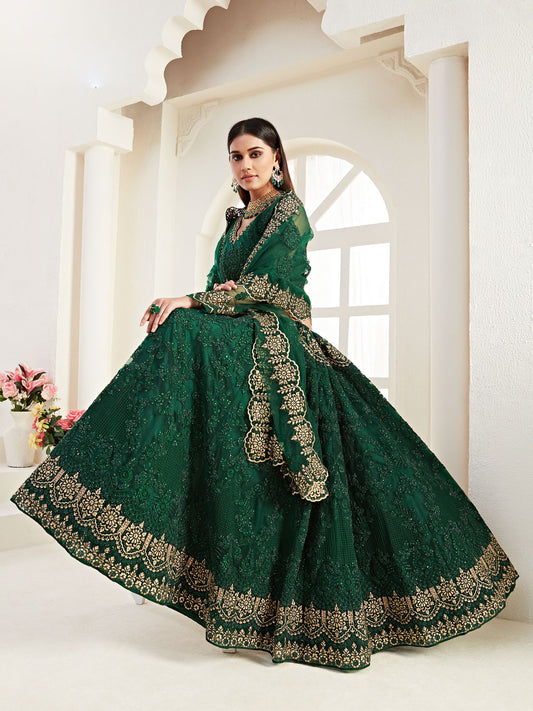 Heritage Beautiful Emrald Green Heavy Embroidered Net Bridal Lehenga Choli