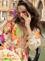 Digital Printed Chinon Silk Abaya Style Suit in Cream