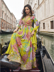 Digital Embroidered Green Chinnon Festive Anarkali Gown