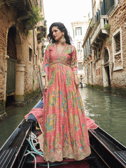 Digital Embroidered Pink Chinnon Festive Anarkali Gown