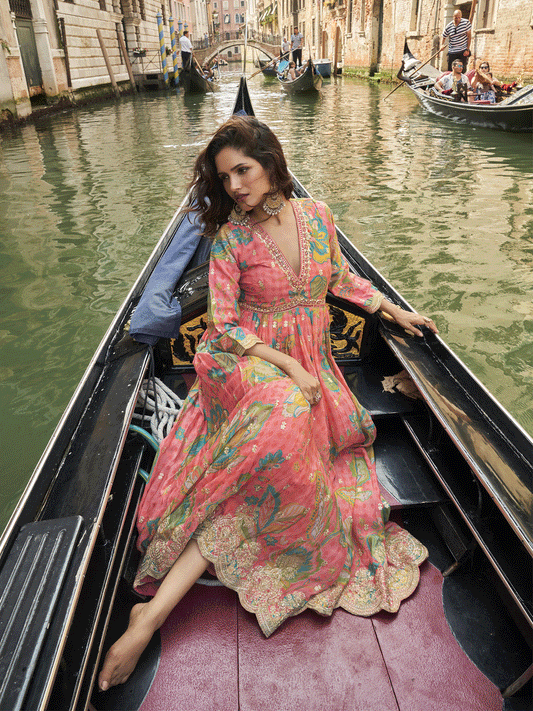 Digital Embroidered Pink Chinnon Festive Anarkali Gown